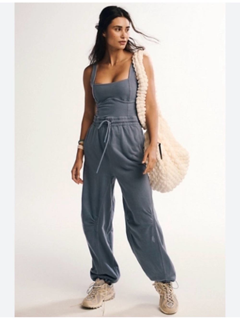 Free People Slate Blue Track Jumpsuit with Drawstring Waist